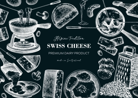 Swiss cheese hand drawn vector illustration. Vintage food background. Fondue and raclette sketches. Perfect restaurant menu, packaging, or prints. NOT AI generated